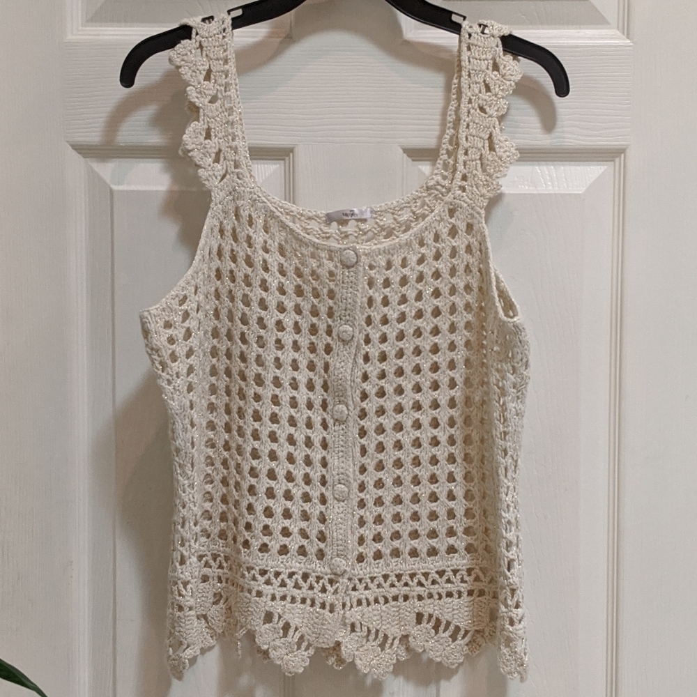 Metro 7 Women's Creme Knit/Crochet Tank Gold Metallic Thread Sz Med